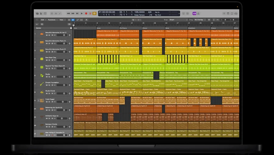 Сведение музыки и аудиозапись в Logic Pro на MacBook Pro M4